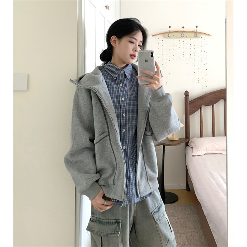 抖音得物高品质秋冬美式高街重磅结构辑明线纹理连帽卫衣外套W111，女装短外套，电商A486-1