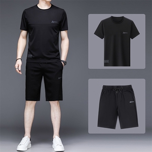 夏季中老年冰丝三件套男士圆领短袖长裤休闲中年夏装T恤运动套装图片