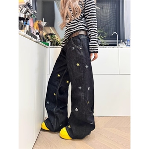 大码胖MM美式黑蓝色牛仔裤女春季新款高腰宽松垂感阔腿裤子图片