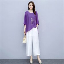 2021夏季新款简约气质圆领时尚图案刺绣宽松休闲舒适棉麻两件套，女装套装/套裙，韩宇舍