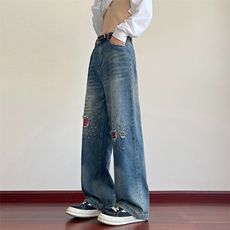 美式高街牛仔裤男女韩版潮流破洞帅气2025秋冬ins长裤RK3228-P50，男装牛仔裤，星座412-3