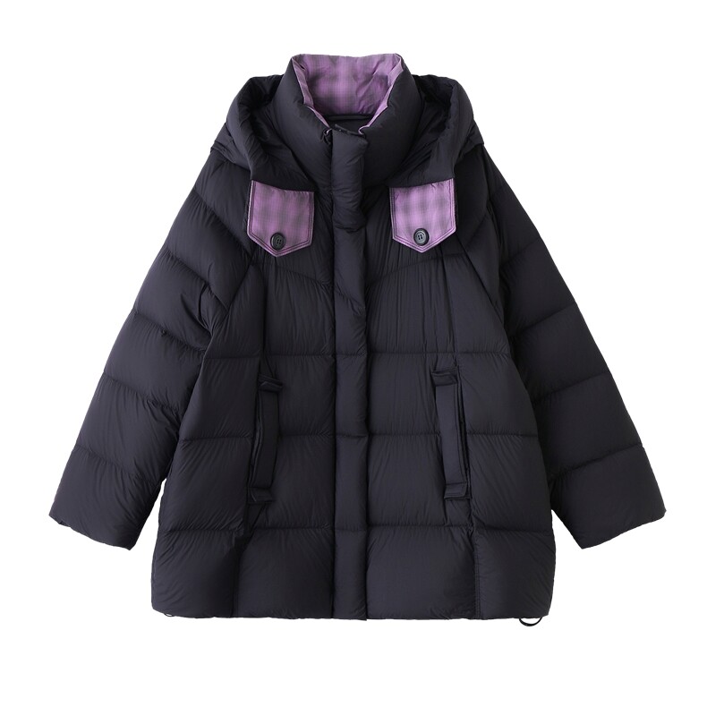 时尚撞色拼接90白鸭绒羽绒服2025冬季新款加厚连帽羽绒外套,女装羽绒服,沁沁公主