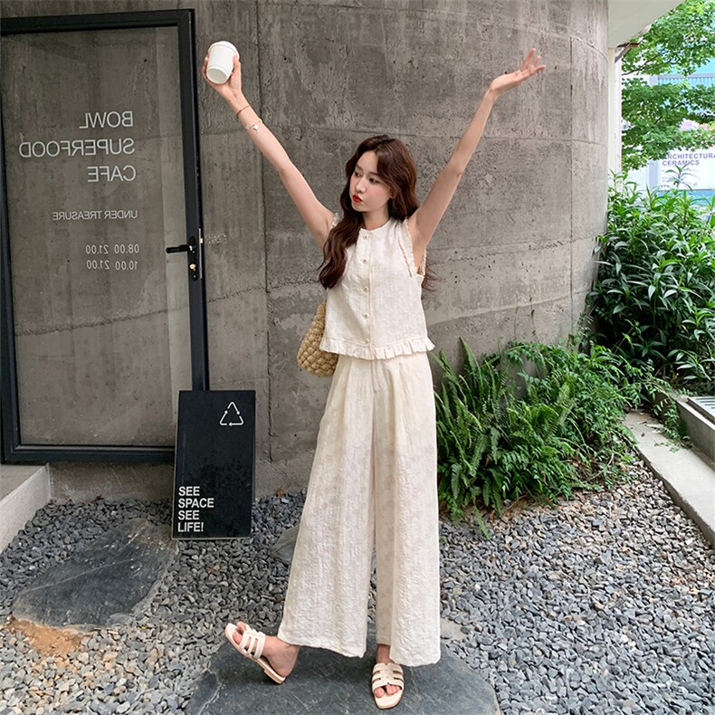 休闲花边无袖套装女2025夏季新款韩版气质减龄高级感阔腿裤两件套,女装套装/套裙,1D066-1