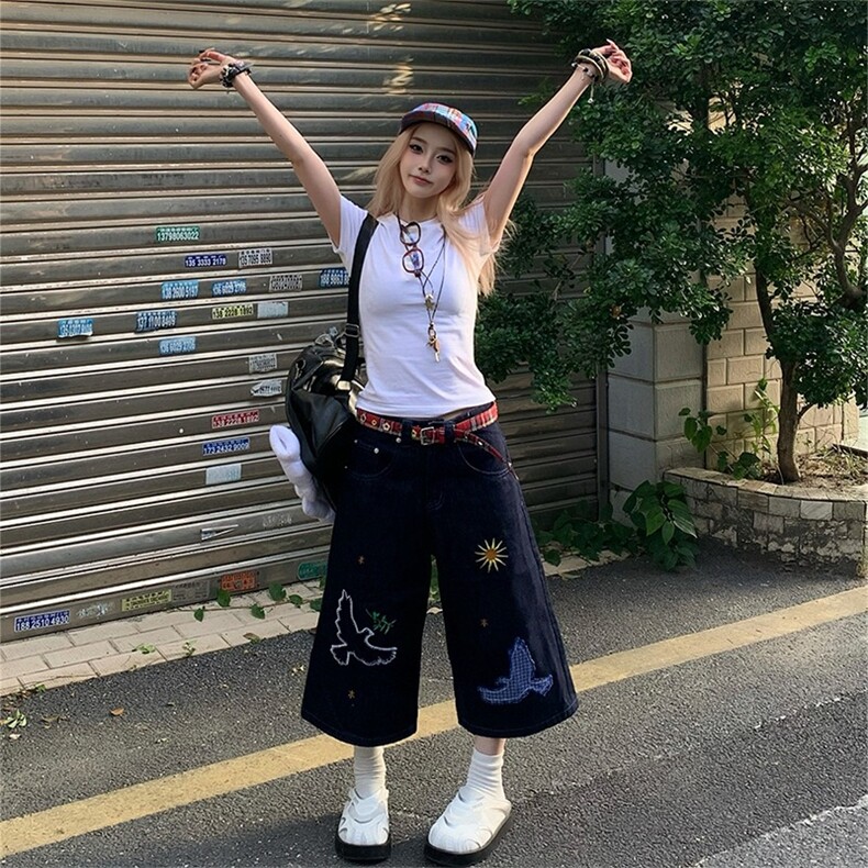 美式刺绣小鸟七分牛仔裤女夏季新款宽松阔腿百搭牛仔短裤图片