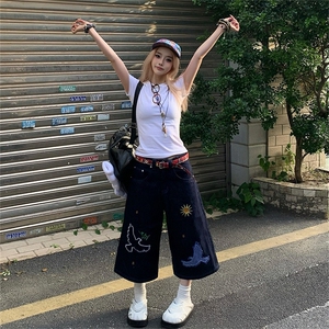 美式刺绣小鸟七分牛仔裤女夏季新款宽松阔腿百搭牛仔短裤图片