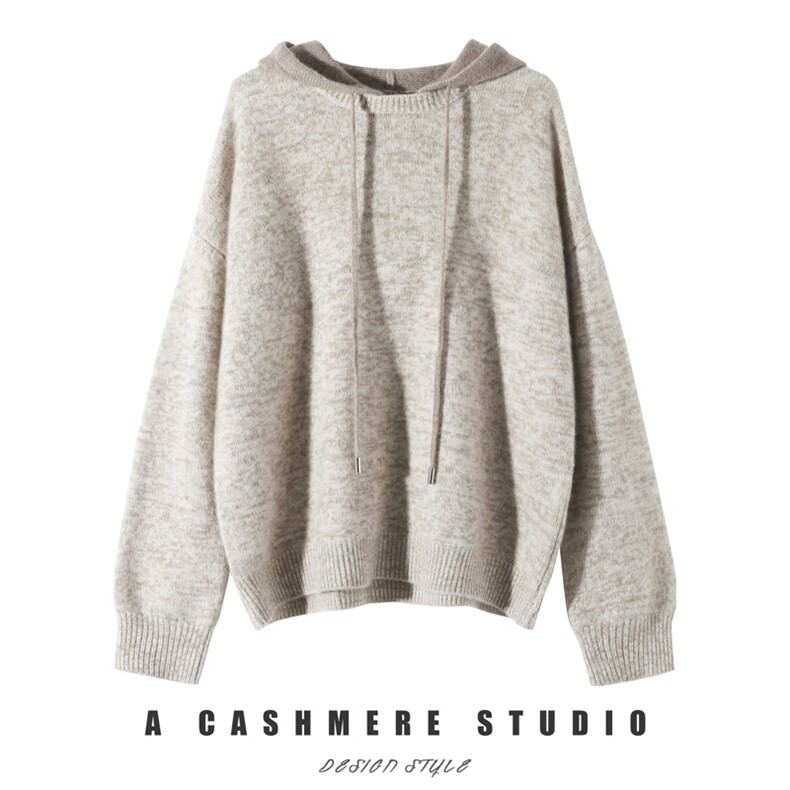 秋冬季新款舒适时尚百搭女士拼色35%羊绒帽衫，女装羊绒衫，戎美山