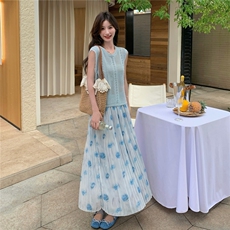 夏日ootd穿搭蓝色镂空针织背心套装女2025超火好看印花长裙两件套，女装连衣裙，维壹