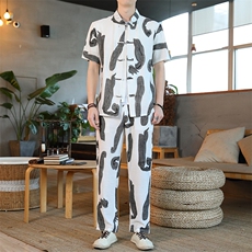男士夏季风汉服棉麻透气舒适复古开衫唐装两件套HO6929-P65，男装民族服装，星座1105-3