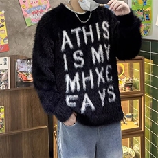 秋冬休闲新款美式复古字母水貂毛慵懒风毛衣情侣休闲针织衫外套，男装针织衫/毛衣，星座1013