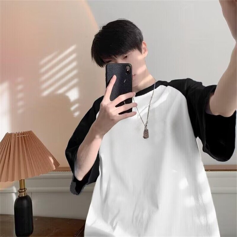抖音得物高品质二开240克宽松纯棉美式潮牌插肩袖拼接短袖T恤,男装T恤,电商A486