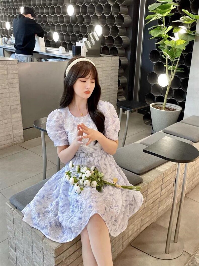 韩系腰带泡泡纱连衣裙，女装连衣裙，雾灵水Lady-Lin