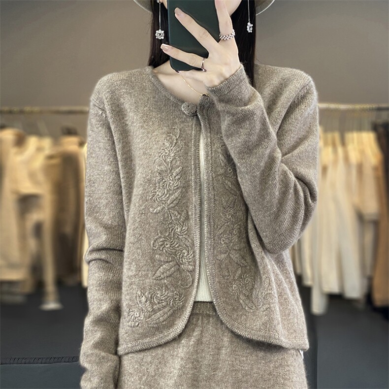 开衫女圆领绣花秋冬新款百搭外套毛衣羊毛针织上衣,女装羊毛衫,江南羊绒