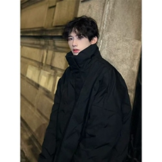 黑色菱形格羽绒服男款冬季保暖高级感立领棉服情侣美式高街面包服，男装棉衣，星座1008