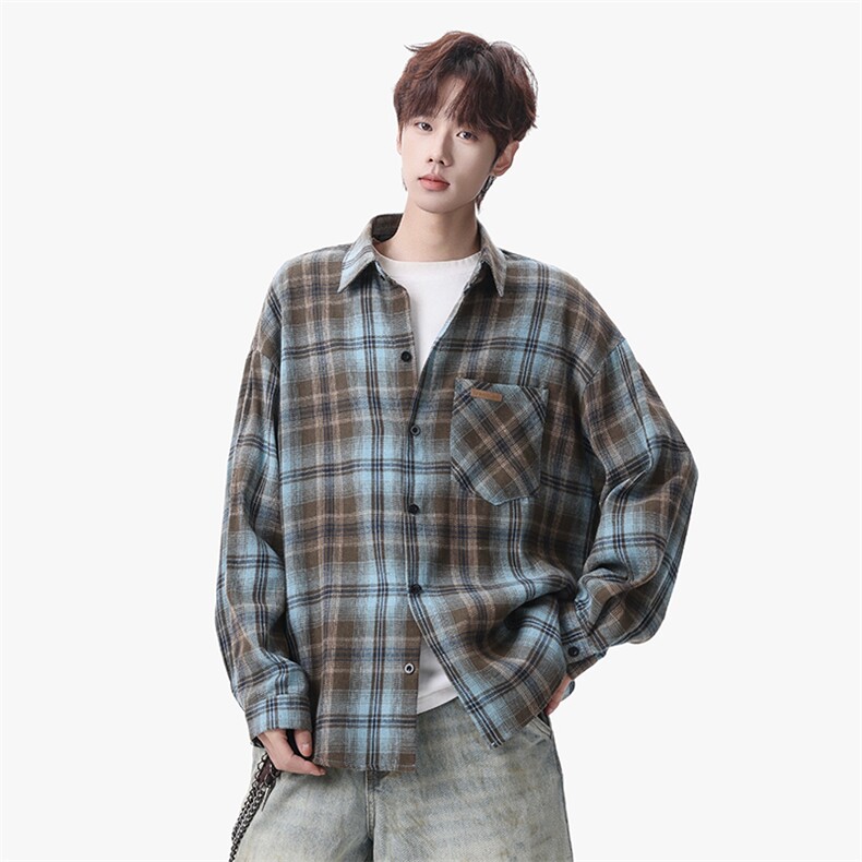 衬衫男春季新款港风宽松大码磨毛格子长袖衬衣CS618-P35，男装衬衫，星座214-3
