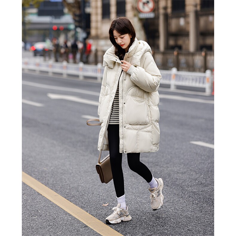 连帽中长款纯色羽绒服女冬季2023年新款休闲韩版大口袋设计感外套,女装羽绒服,辉之琳