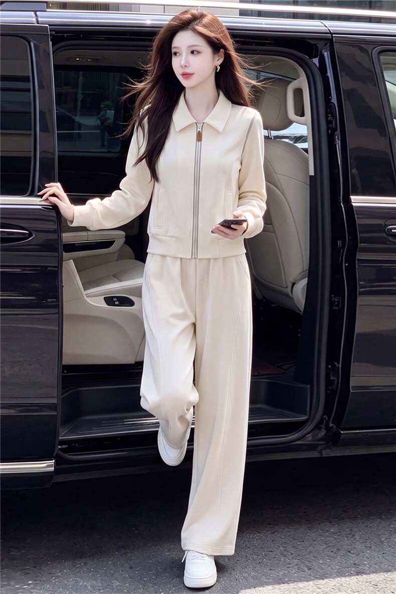 韩系女春秋新款套装时尚洋气休闲减龄翻领开衫外套阔腿长裤两件套,女装套装/套裙,江南