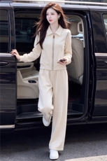 韩系女春秋新款套装时尚洋气休闲减龄翻领开衫外套阔腿长裤两件套，女装套装/套裙，江南