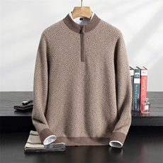 秋冬季35%羊绒人字纹半高拉链复古休闲商务羊绒衫男装，男装羊绒套衫，欣美羊绒