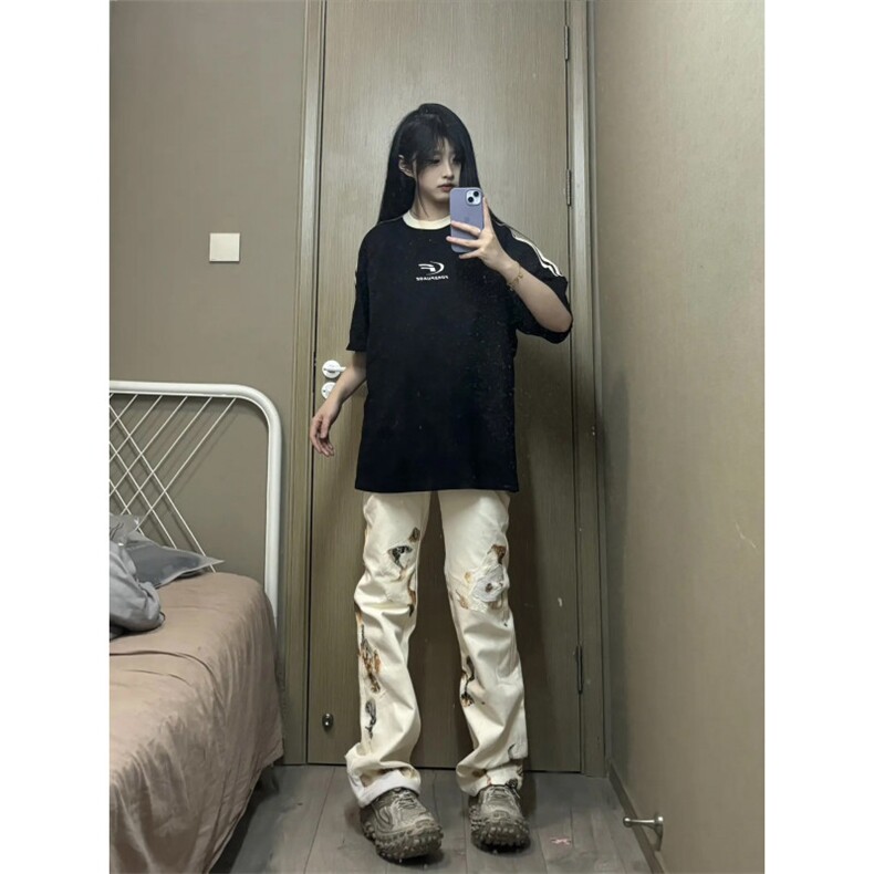 【有货】火焰蕾丝微喇白色牛仔裤男女款美式复古裤子B07WW-特P50,男装牛仔裤,星座1007（原301D）