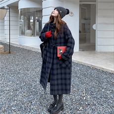 连帽格子双面羊毛大衣2D014-10003-P315-K458，女装毛呢外套，2D014