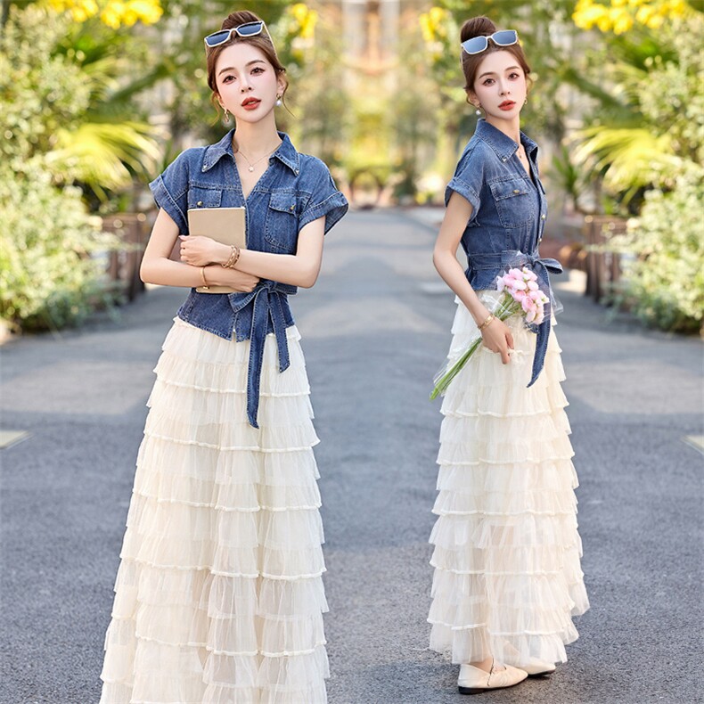 牛仔连衣裙2025年夏季新款气质小香风网纱蛋糕半身裙女,女装连衣裙,依多米