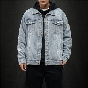 jk822-p80 M-5XL黑墙ins牛仔夹克拉链破洞大码男日系CITYBOY图片