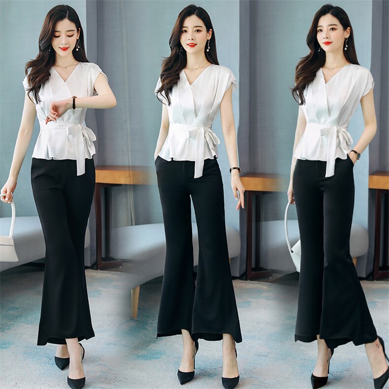 火爆靓佳人8137时尚喇叭阔腿裤职业套装夏季名媛气质女神范两件套，女装套装/套裙，火爆靓佳人