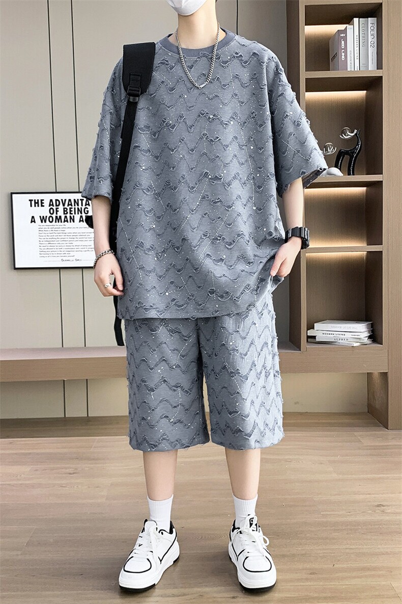 夏季港风套装男宽松满天星短袖T恤短裤休闲套装TZ6631-P55,男装牛仔裤,星座310B-3