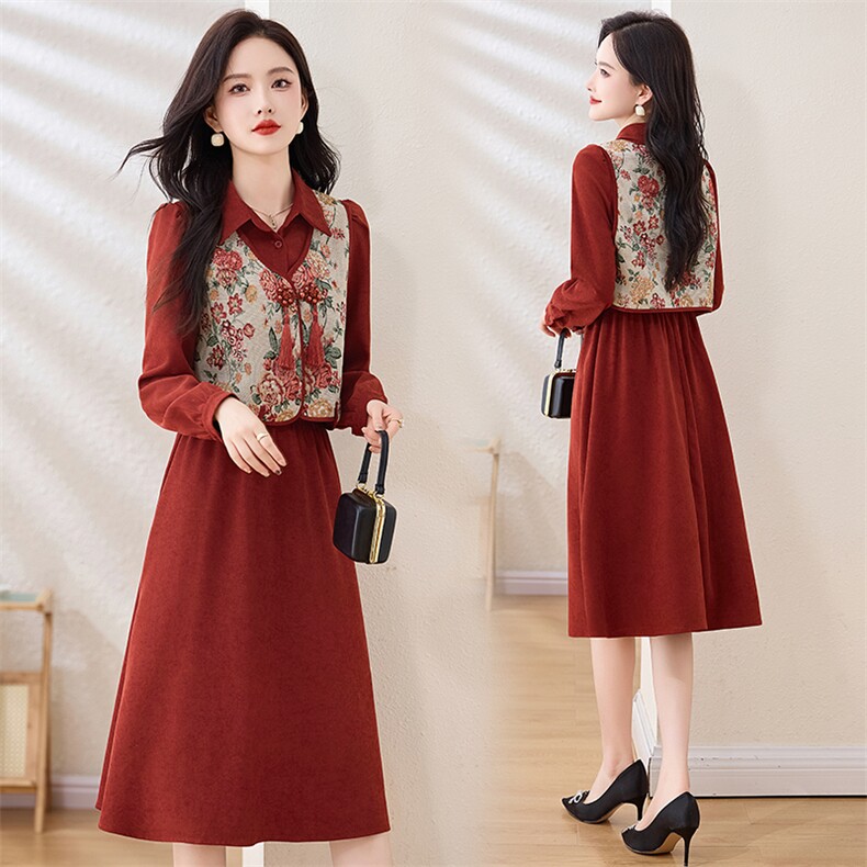 复古盘扣国风马甲两件套连衣裙女2025春秋新款气质收腰显瘦套装裙，女装套装/套裙，奕薇雅