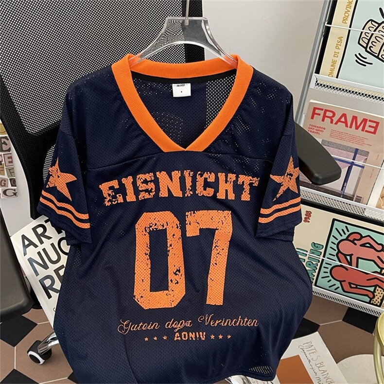 T199-P36美式街头复古V领7号球衣短袖夏季透气网眼篮球运动T恤，女装T恤，电商B323A