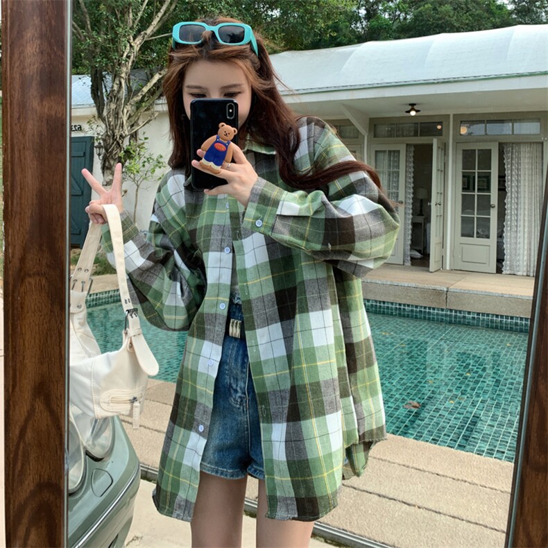 D559-P45美式复古淡绿色格纹长袖衬衫秋季宽松休闲情侣衬衣外套,男装衬衫,星座911
