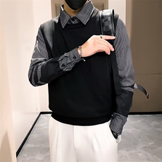 条纹拼接衬衫领毛衣男假两件针织上衣秋冬潮流痞帅打底衫Q142，男装衬衫，星座1116A-2（原606A-1）