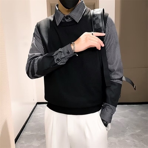 条纹拼接衬衫领毛衣男假两件针织上衣秋冬潮流痞帅打底衫 Q142图片