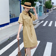 《现货48H发》气质翻领高腰抽绳连衣裙，女装连衣裙，MQ