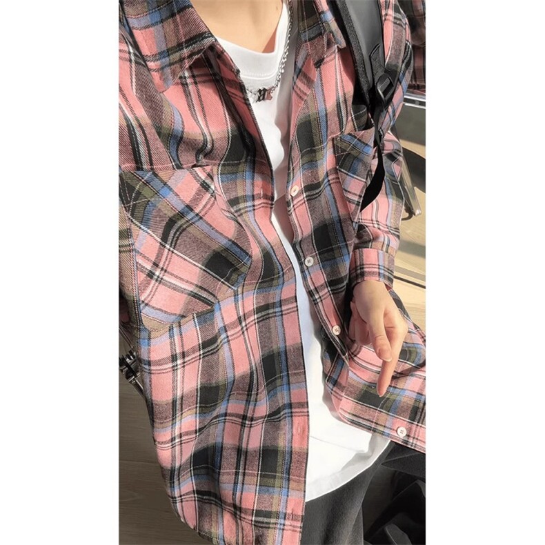 393-特P33黄蓝格子衬衫春秋季青少年长袖衬衣美式复古情侣外套,男装衬衫,星座215-1