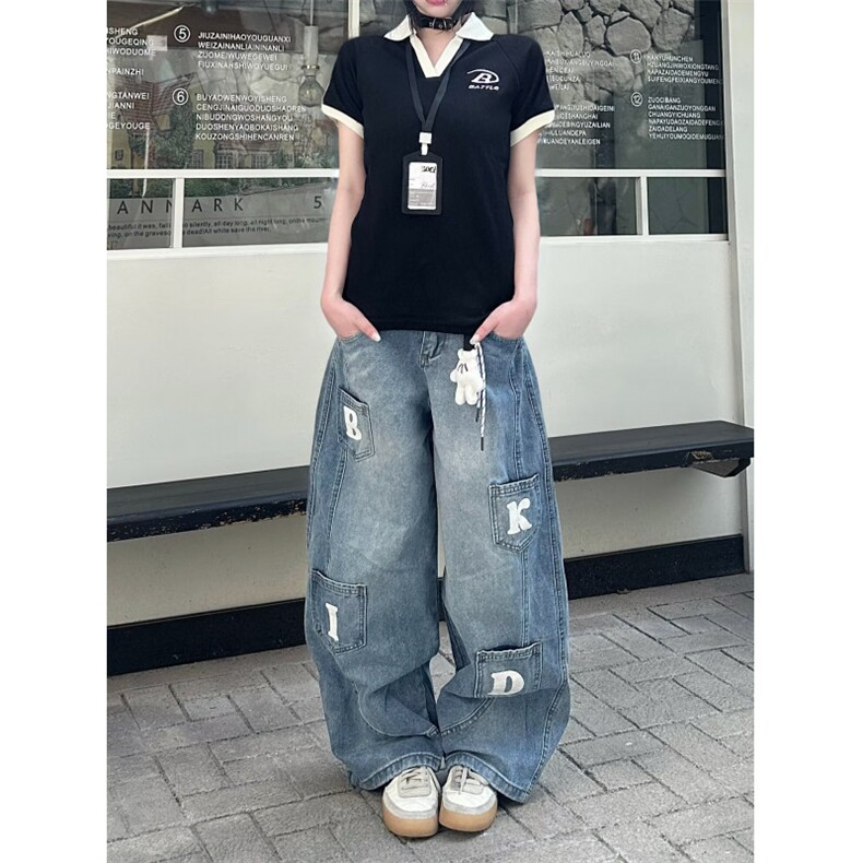 多口袋设计解构直筒牛仔裤男女微喇夏季美式街头水洗宽松弯刀裤子,男装牛仔裤,星座1210-1