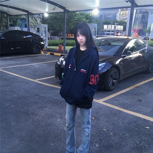 5291-P53 复黑底+印花+毛巾绣 宽松休闲卫衣薄款/加绒图片
