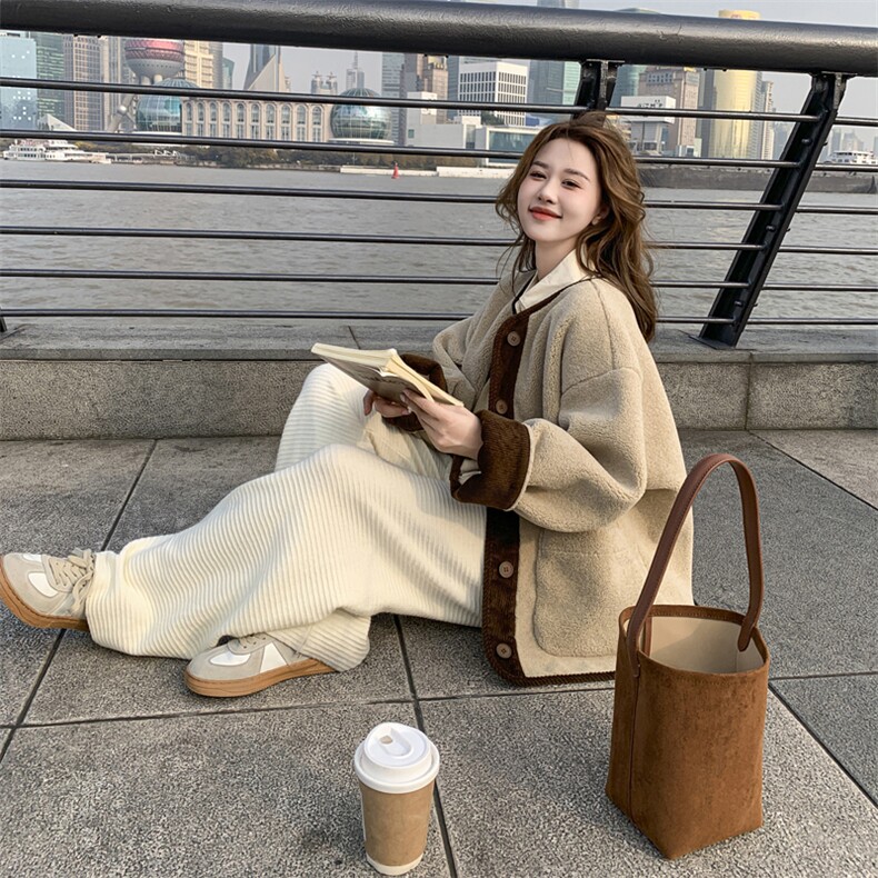 韩系chic咖色短款羊羔毛外套女秋冬超火好看高级小众加绒加厚夹克,女装毛呢外套,2C050