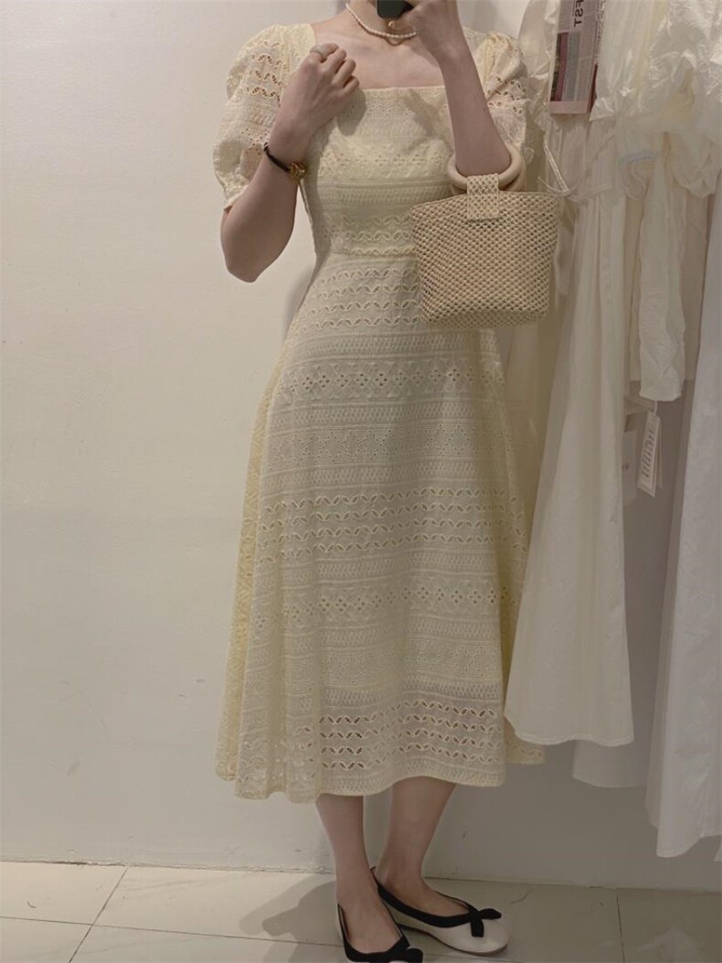 简约方领钩花长裙，其它，驿谷