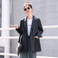 PU皮西装外套女秋季复古西服2025新款小个子复古外套女宽松港风潮，女装西装，意芙
