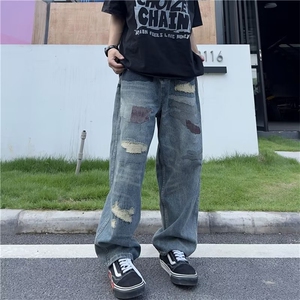 美式高街风复补丁古做旧水洗牛仔裤潮牌男 T1663 P60图片