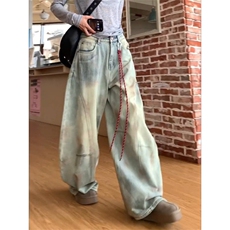 大码美式高街复古弯刀牛仔裤女早秋季新款胖MM显瘦宽松阔腿拖地裤，男装牛仔裤，星座506A