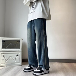 美式重磅高级感拼接设计牛仔裤男宽松高街阔腿垂感直筒裤长裤潮图片