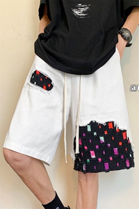 8XL-M 特大码夏季新款五分裤vibe破洞拼接高街格子短裤DK1517P57图片