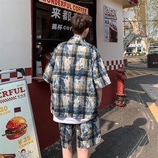 2025美式扎染印花冰丝凉感格子短袖衬衫薄套装TZ5600/特P45蓝2，男装T恤，电商A094
