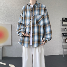 衬衫男秋季新款港风宽松大码磨毛格子长袖衬衣CS131-特P28，男装衬衫，星座214-3
