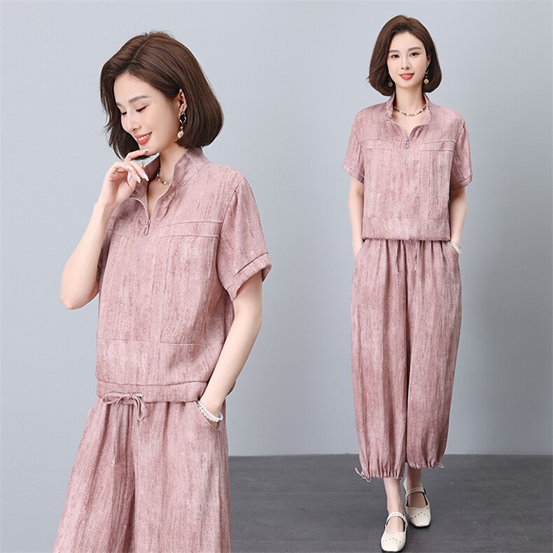 妈妈夏季天丝套装女2025新款时尚休闲宽松洋气减龄显瘦遮肉两件套,女装套装/套裙,雪樱依海