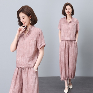 妈妈夏季天丝套装女2025新款时尚休闲宽松洋气减龄显瘦遮肉两件套图片