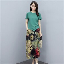 2021新款女夏装圆领针织上衣花色长裙套装套裙，女装套装/套裙，施恩睿棋