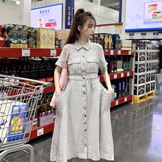 日系高端灰色亚麻衬衫连衣裙女夏2025新款学院风收腰气质工装长裙，女装连衣裙，2C372